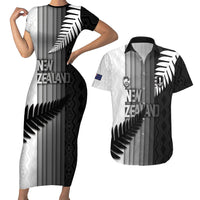Custom New Zealand Football Couples Matching Short Sleeve Bodycon Dress and Hawaiian Shirt Silver Fern Maori Pattern Monochrome DT05 White - Polynesian Pride