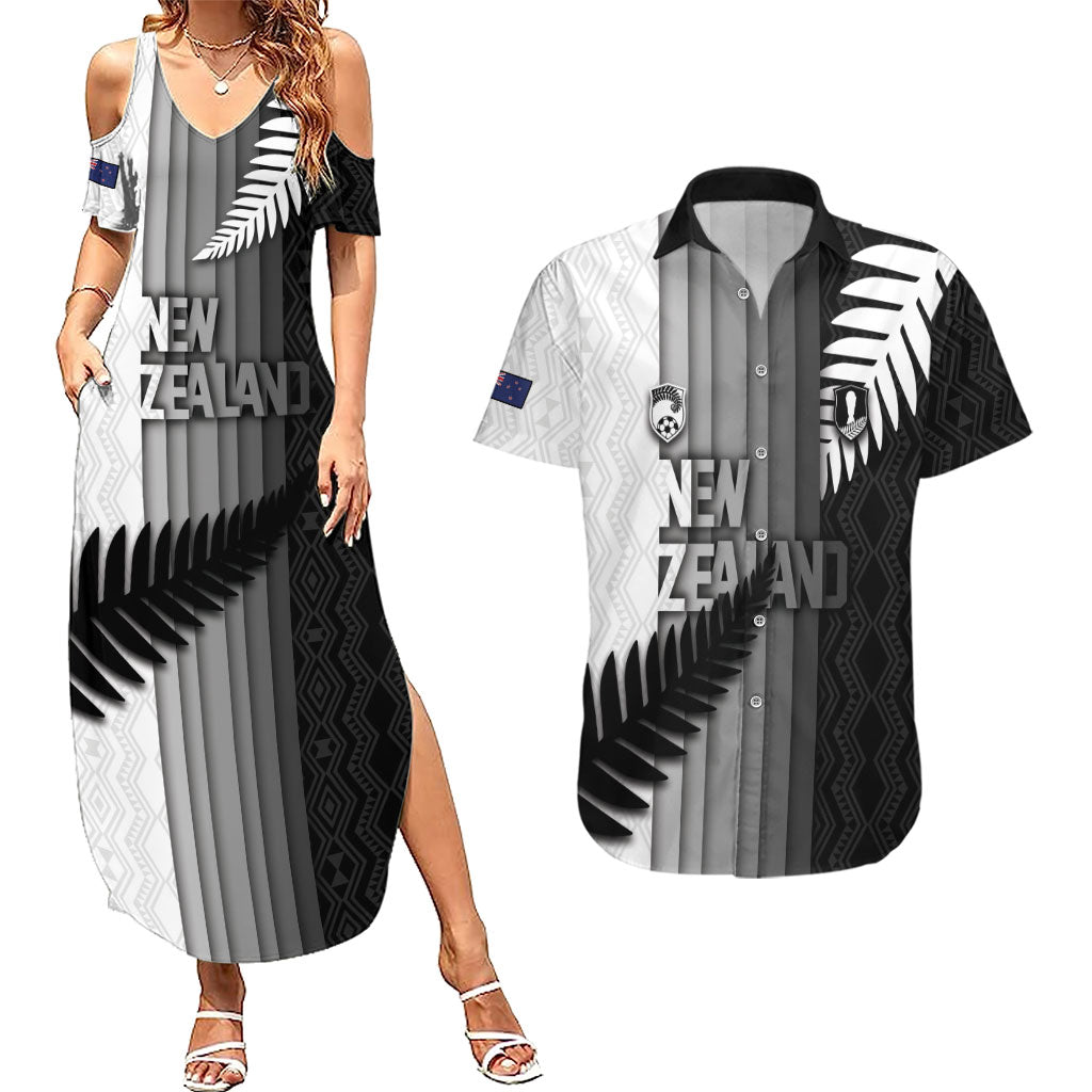 Custom New Zealand Football Couples Matching Summer Maxi Dress and Hawaiian Shirt Silver Fern Maori Pattern Monochrome DT05 White - Polynesian Pride