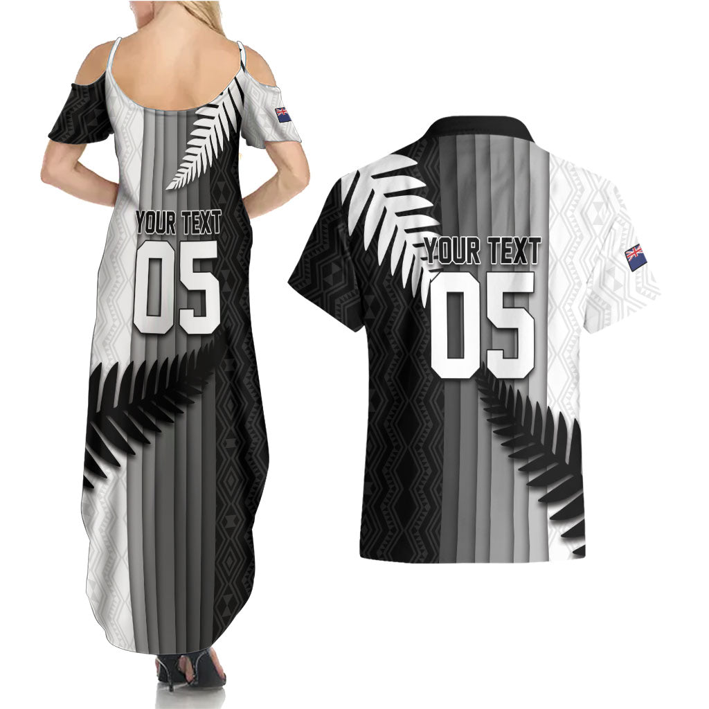 Custom New Zealand Football Couples Matching Summer Maxi Dress and Hawaiian Shirt Silver Fern Maori Pattern Monochrome DT05 - Polynesian Pride