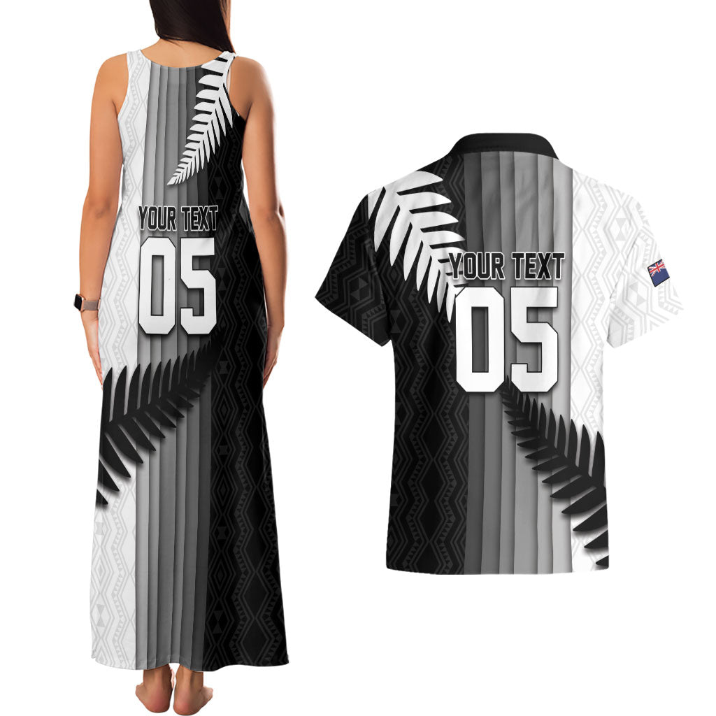 Custom New Zealand Football Couples Matching Tank Maxi Dress and Hawaiian Shirt Silver Fern Maori Pattern Monochrome DT05 - Polynesian Pride
