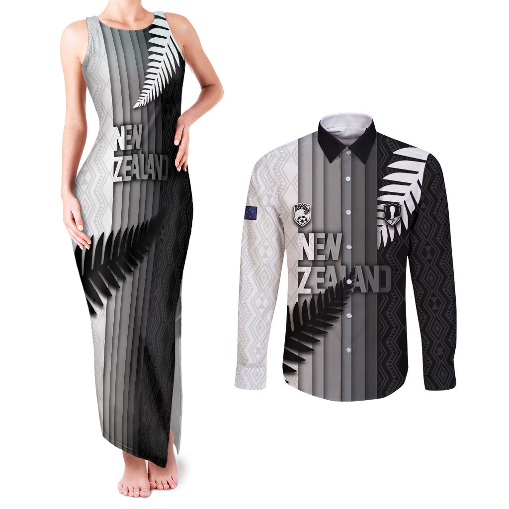 Custom New Zealand Football Couples Matching Tank Maxi Dress and Long Sleeve Button Shirt Silver Fern Maori Pattern Monochrome
