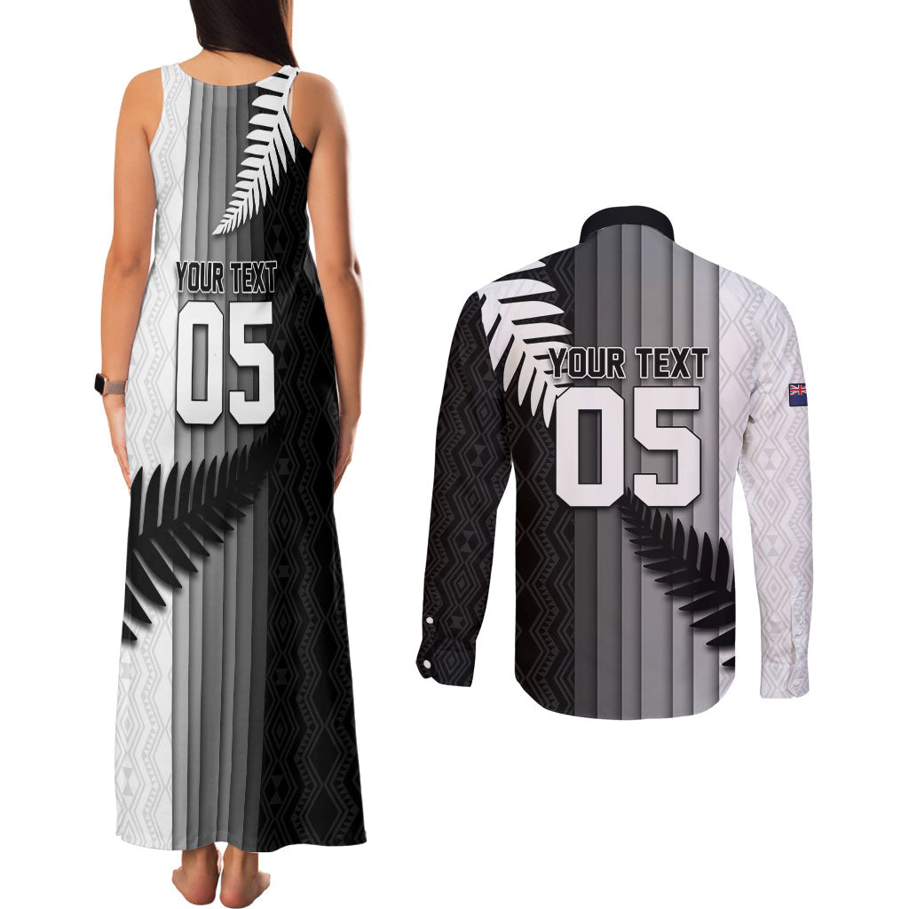 Custom New Zealand Football Couples Matching Tank Maxi Dress and Long Sleeve Button Shirt Silver Fern Maori Pattern Monochrome DT05 - Polynesian Pride
