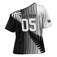 Custom New Zealand Football Cross Shoulder Shirt Silver Fern Maori Pattern Monochrome