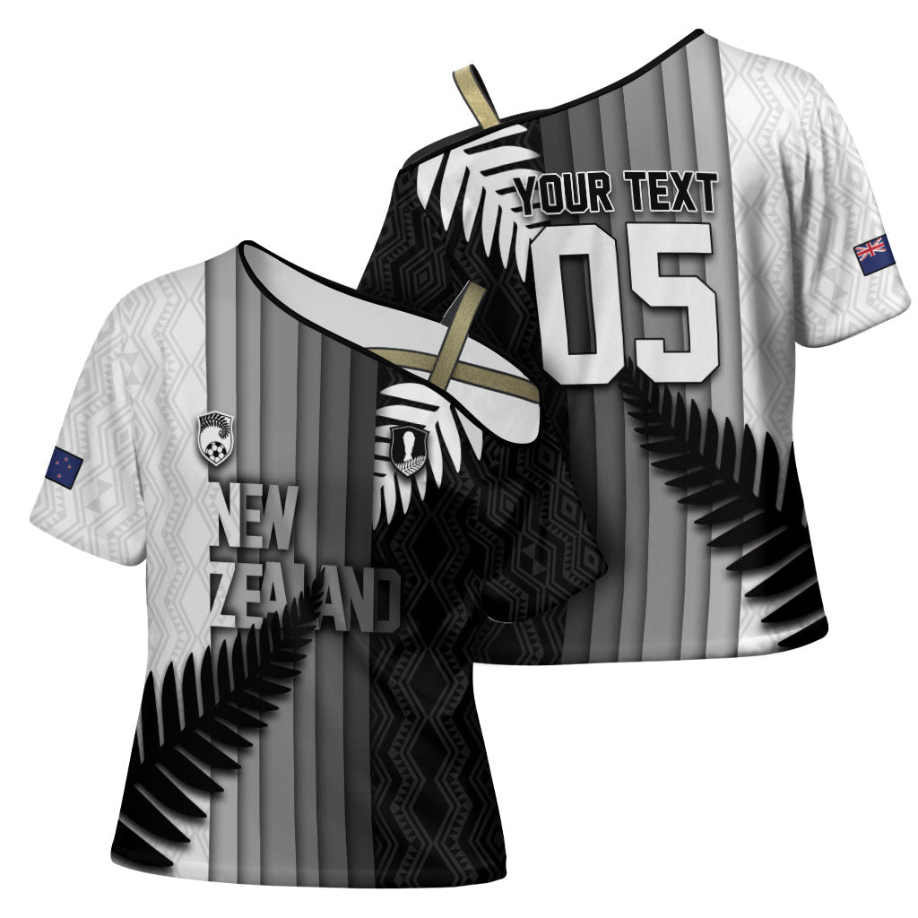 Custom New Zealand Football Cross Shoulder Shirt Silver Fern Maori Pattern Monochrome