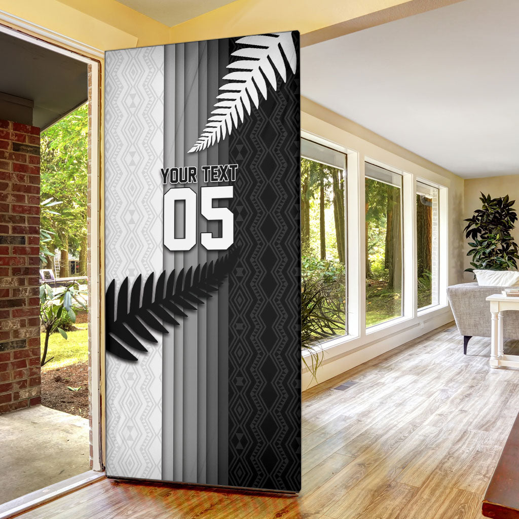 Custom New Zealand Football Door Cover Silver Fern Maori Pattern Monochrome