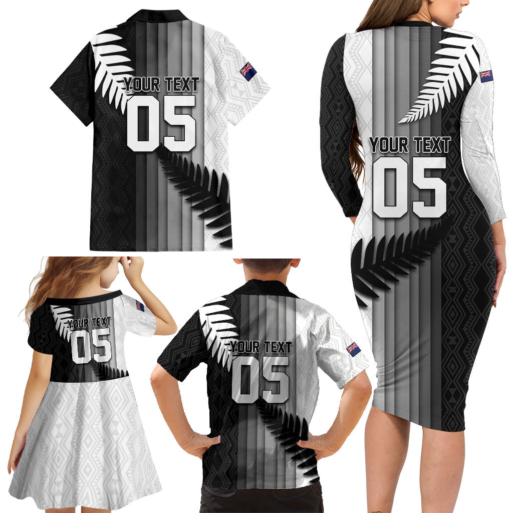 Custom New Zealand Football Family Matching Long Sleeve Bodycon Dress and Hawaiian Shirt Silver Fern Maori Pattern Monochrome DT05 - Polynesian Pride