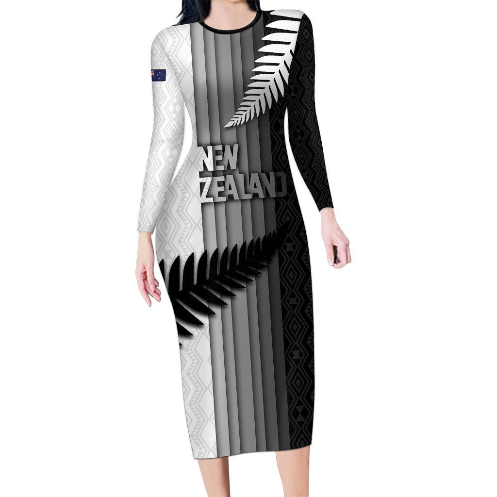 Custom New Zealand Football Family Matching Long Sleeve Bodycon Dress and Hawaiian Shirt Silver Fern Maori Pattern Monochrome DT05 Mom's Dress White - Polynesian Pride