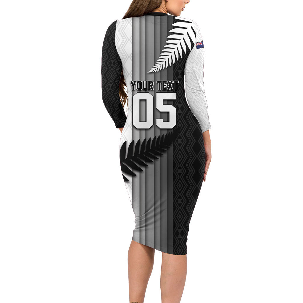 Custom New Zealand Football Family Matching Long Sleeve Bodycon Dress and Hawaiian Shirt Silver Fern Maori Pattern Monochrome DT05 - Polynesian Pride