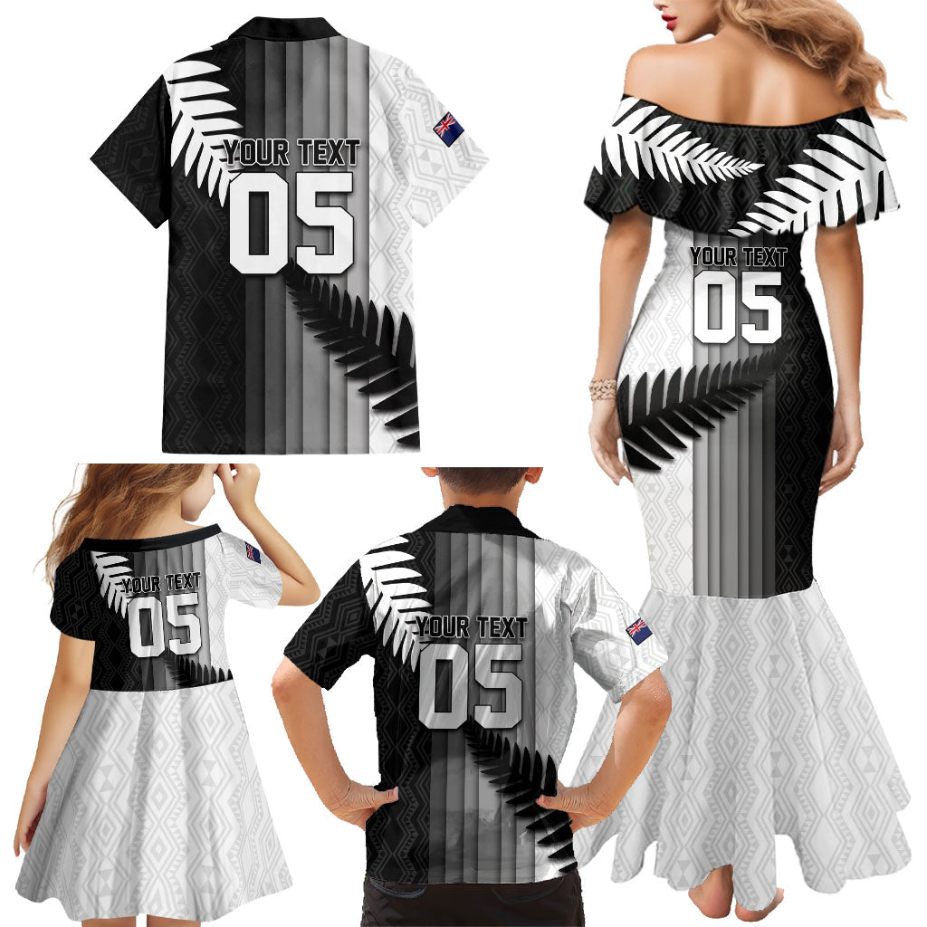 Custom New Zealand Football Family Matching Mermaid Dress and Hawaiian Shirt Silver Fern Maori Pattern Monochrome DT05 - Polynesian Pride