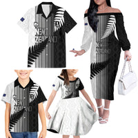 Custom New Zealand Football Family Matching Off The Shoulder Long Sleeve Dress and Hawaiian Shirt Silver Fern Maori Pattern Monochrome DT05 - Polynesian Pride