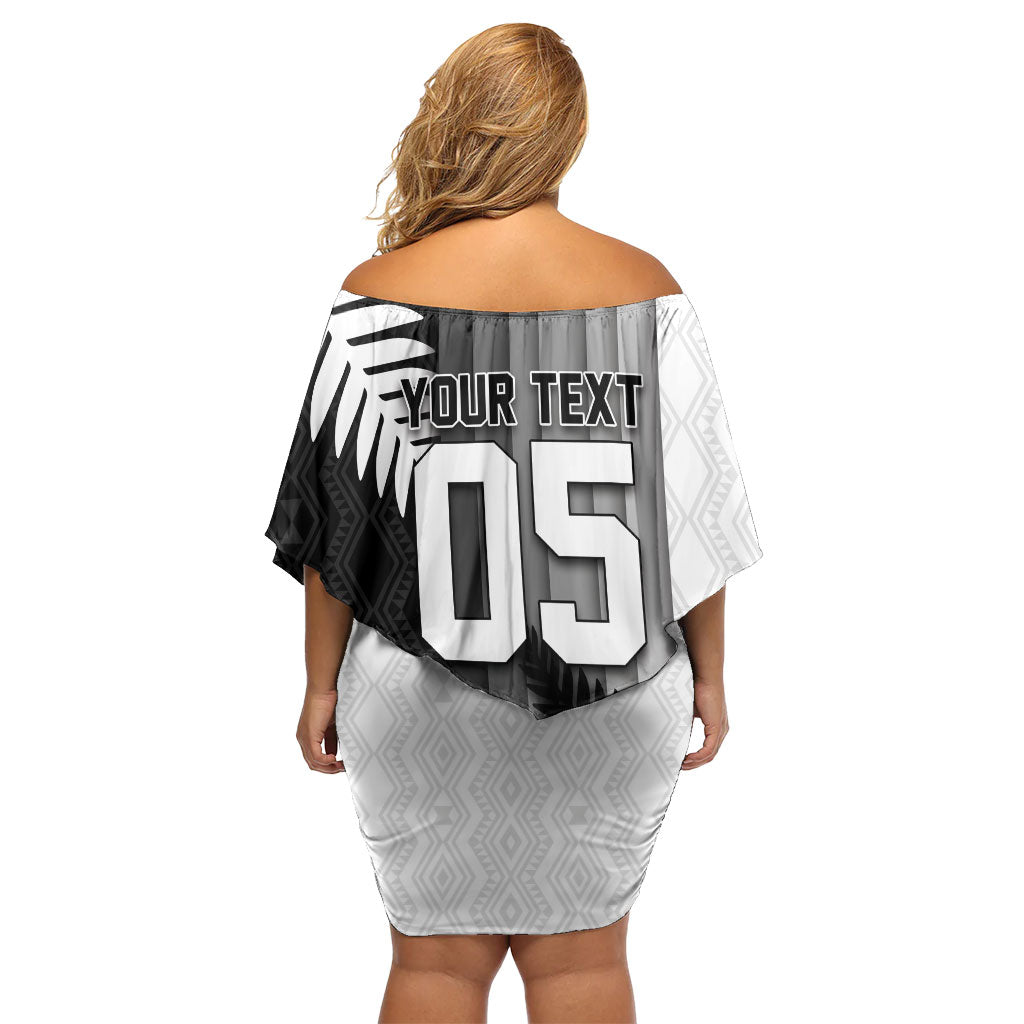 Custom New Zealand Football Family Matching Off Shoulder Short Dress and Hawaiian Shirt Silver Fern Maori Pattern Monochrome DT05 - Polynesian Pride