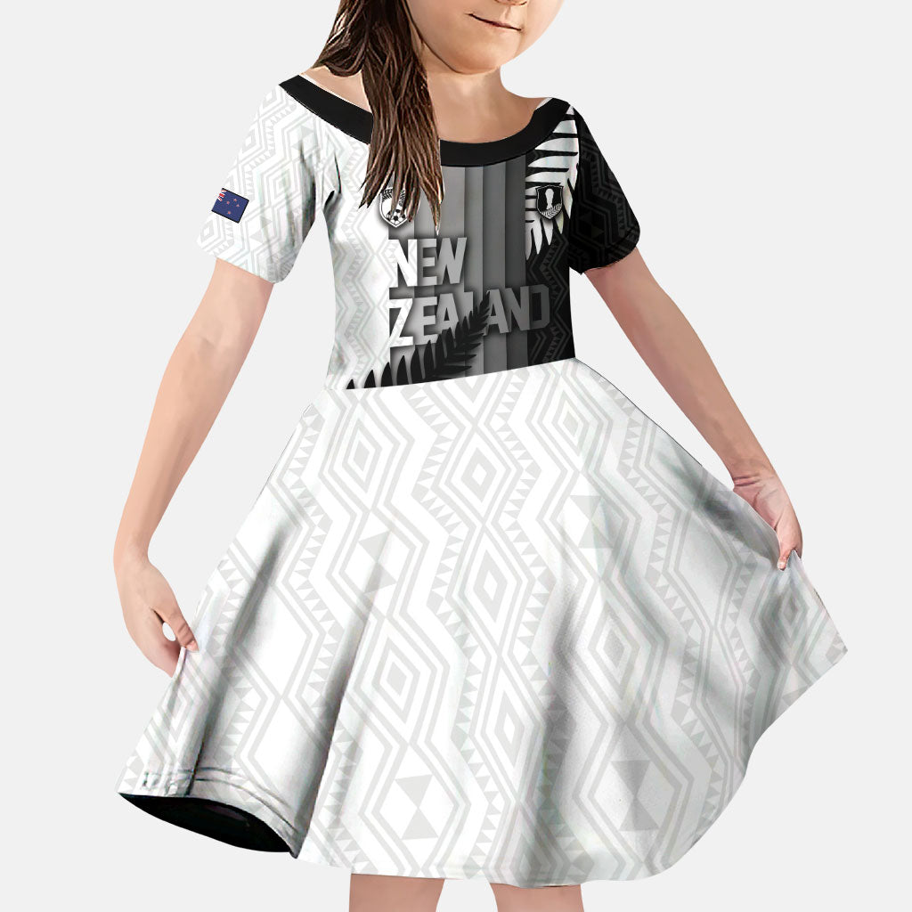 Custom New Zealand Football Family Matching Short Sleeve Bodycon Dress and Hawaiian Shirt Silver Fern Maori Pattern Monochrome DT05 Daughter's Dress White - Polynesian Pride