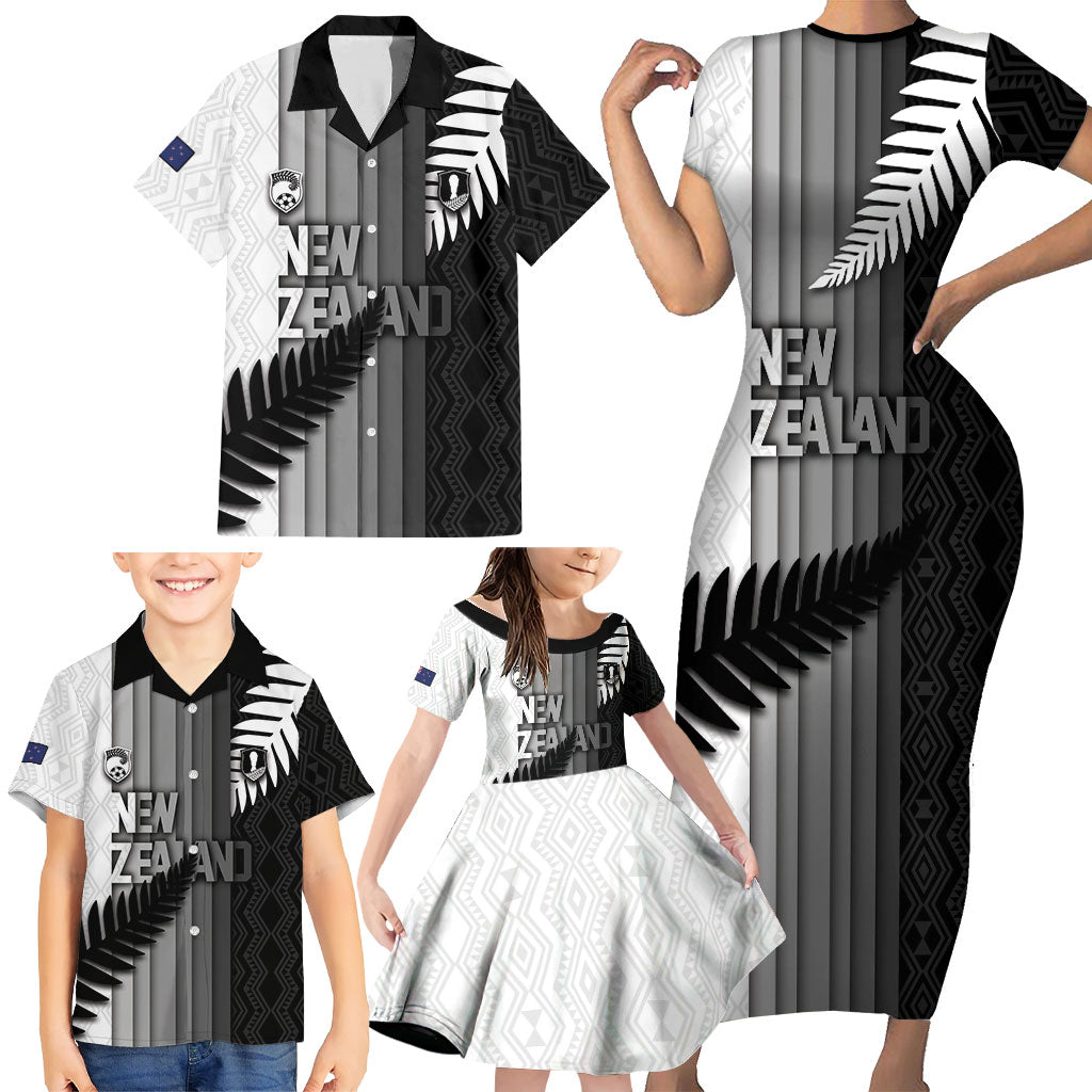 Custom New Zealand Football Family Matching Short Sleeve Bodycon Dress and Hawaiian Shirt Silver Fern Maori Pattern Monochrome DT05 - Polynesian Pride
