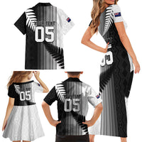 Custom New Zealand Football Family Matching Short Sleeve Bodycon Dress and Hawaiian Shirt Silver Fern Maori Pattern Monochrome DT05 - Polynesian Pride