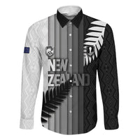 Custom New Zealand Football Family Matching Short Sleeve Bodycon Dress and Hawaiian Shirt Silver Fern Maori Pattern Monochrome DT05 Dad's Shirt - Long Sleeve White - Polynesian Pride