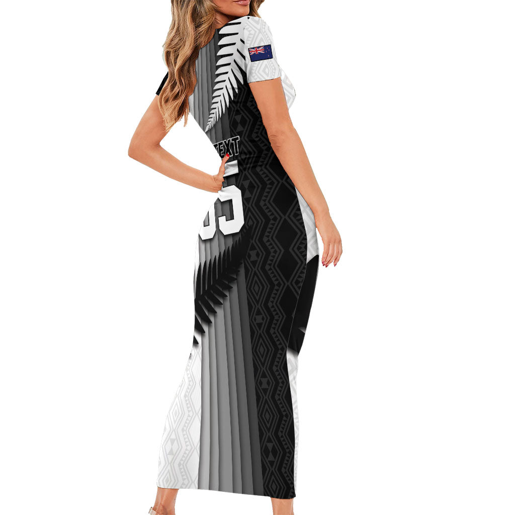 Custom New Zealand Football Family Matching Short Sleeve Bodycon Dress and Hawaiian Shirt Silver Fern Maori Pattern Monochrome DT05 - Polynesian Pride