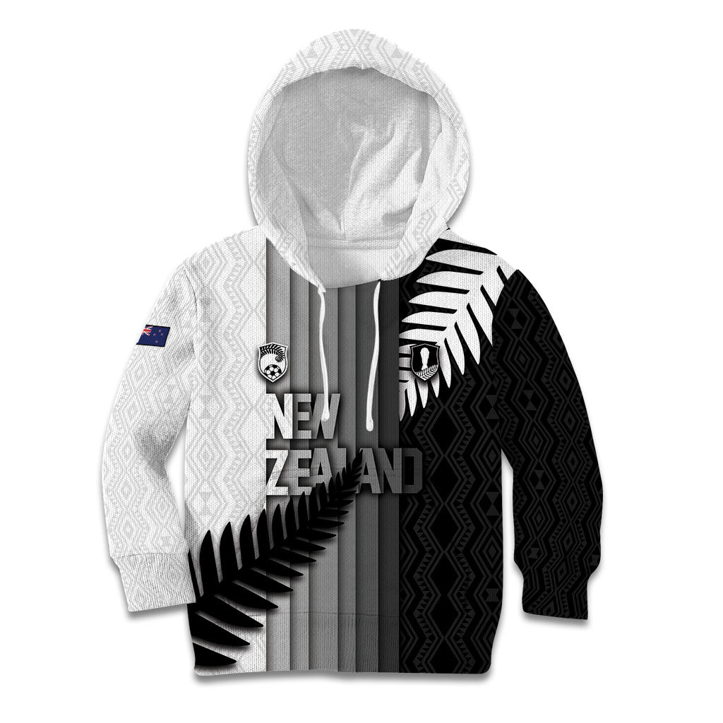 Custom New Zealand Football Kid Hoodie Silver Fern Maori Pattern Monochrome