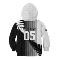 Custom New Zealand Football Kid Hoodie Silver Fern Maori Pattern Monochrome