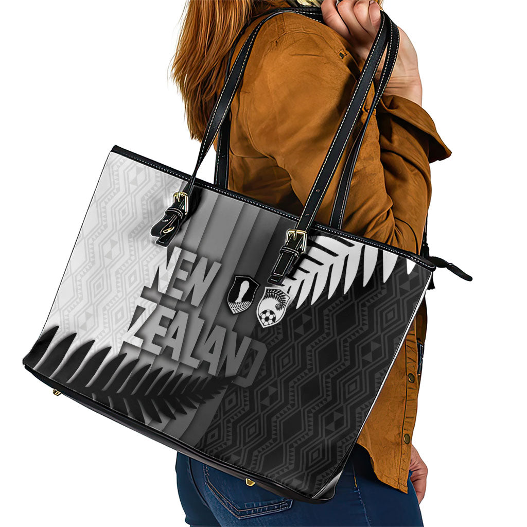New Zealand Football Leather Tote Bag Silver Fern Maori Pattern Monochrome