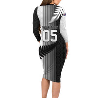 Custom New Zealand Football Long Sleeve Bodycon Dress Silver Fern Maori Pattern Monochrome