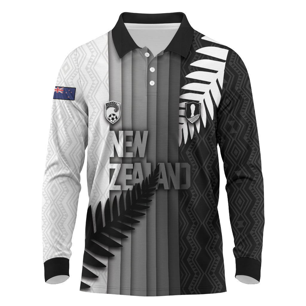 Custom New Zealand Football Long Sleeve Polo Shirt Silver Fern Maori Pattern Monochrome