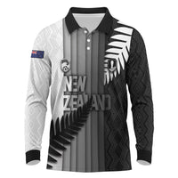 Custom New Zealand Football Long Sleeve Polo Shirt Silver Fern Maori Pattern Monochrome