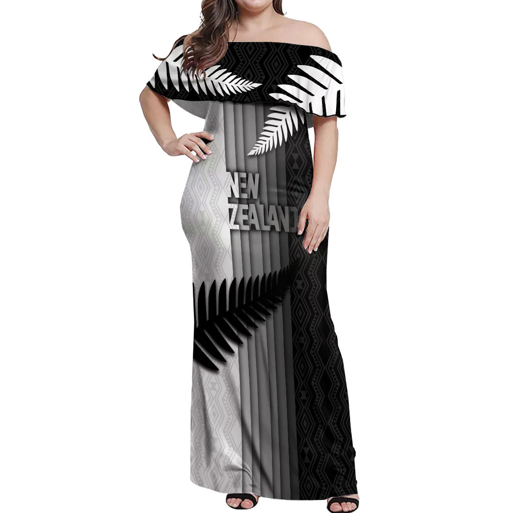 Custom New Zealand Football Off Shoulder Maxi Dress Silver Fern Maori Pattern Monochrome