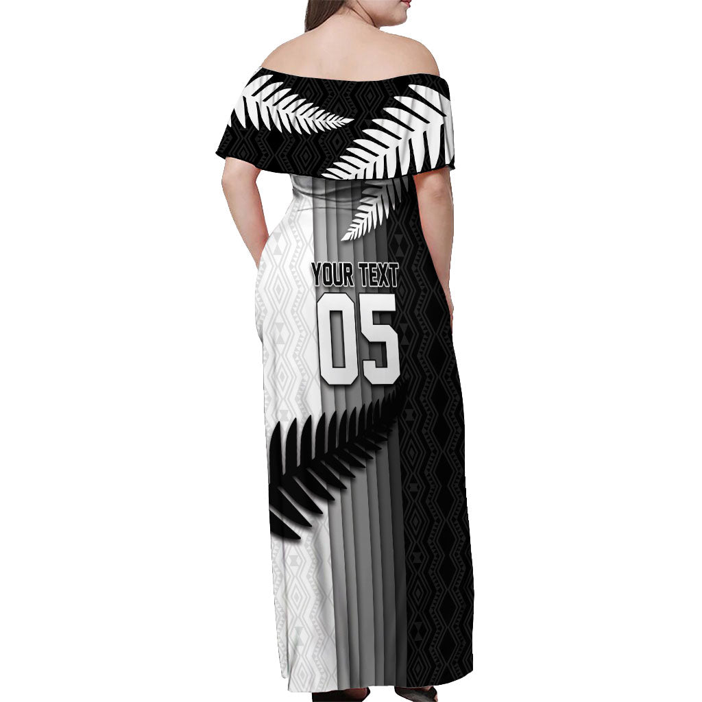 Custom New Zealand Football Off Shoulder Maxi Dress Silver Fern Maori Pattern Monochrome