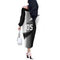 Custom New Zealand Football Off The Shoulder Long Sleeve Dress Silver Fern Maori Pattern Monochrome DT05 - Polynesian Pride