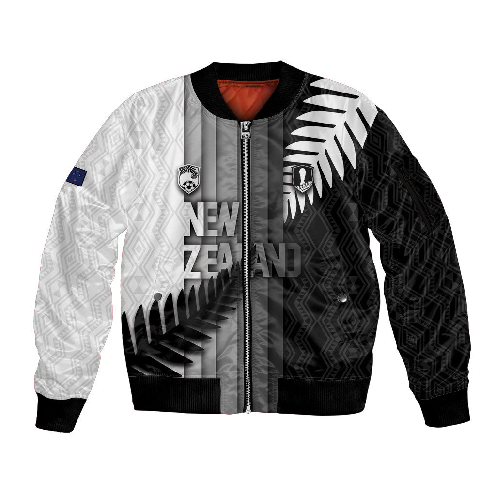 Custom New Zealand Football Sleeve Zip Bomber Jacket Silver Fern Maori Pattern Monochrome