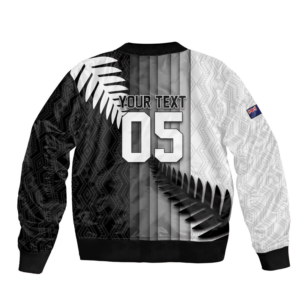 Custom New Zealand Football Sleeve Zip Bomber Jacket Silver Fern Maori Pattern Monochrome