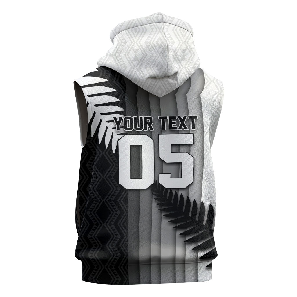 Custom New Zealand Football Sleeveless Hoodie Silver Fern Maori Pattern Monochrome