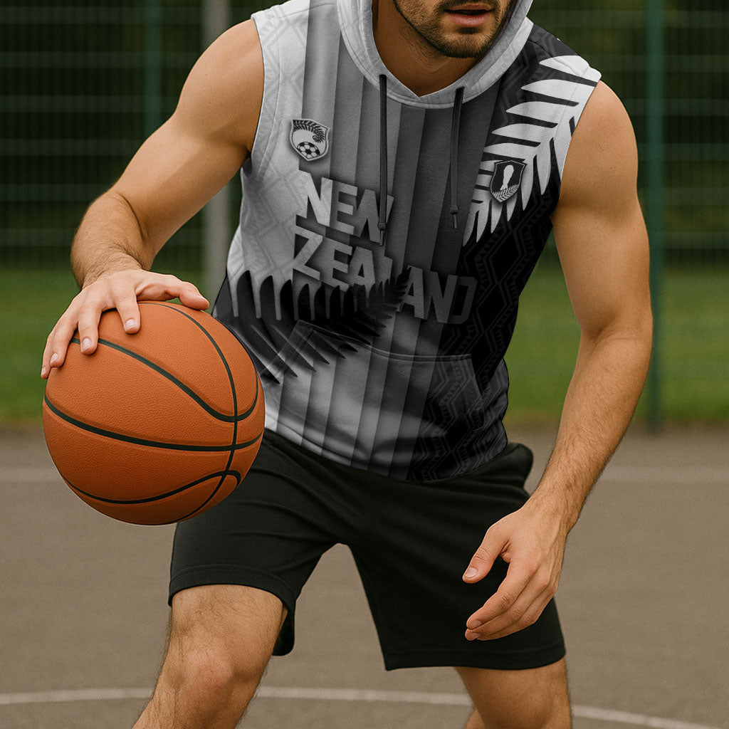 Custom New Zealand Football Sleeveless Hoodie Silver Fern Maori Pattern Monochrome