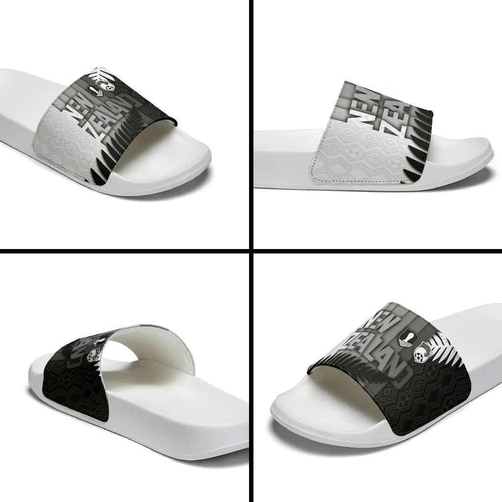 New Zealand Football Slide Sandals Silver Fern Maori Pattern Monochrome