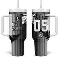 Custom New Zealand Football Tumbler With Handle Silver Fern Maori Pattern Monochrome