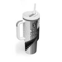 Custom New Zealand Football Tumbler With Handle Silver Fern Maori Pattern Monochrome