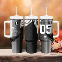 Custom New Zealand Football Tumbler With Handle Silver Fern Maori Pattern Monochrome