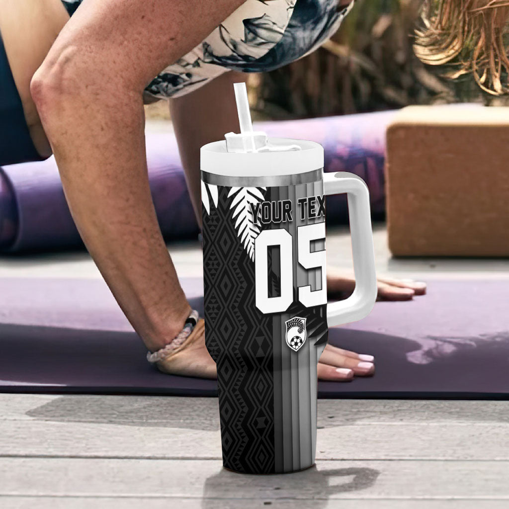 Custom New Zealand Football Tumbler With Handle Silver Fern Maori Pattern Monochrome