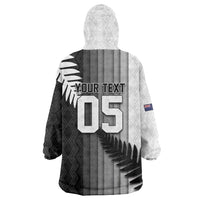 Custom New Zealand Football Wearable Blanket Hoodie Silver Fern Maori Pattern Monochrome
