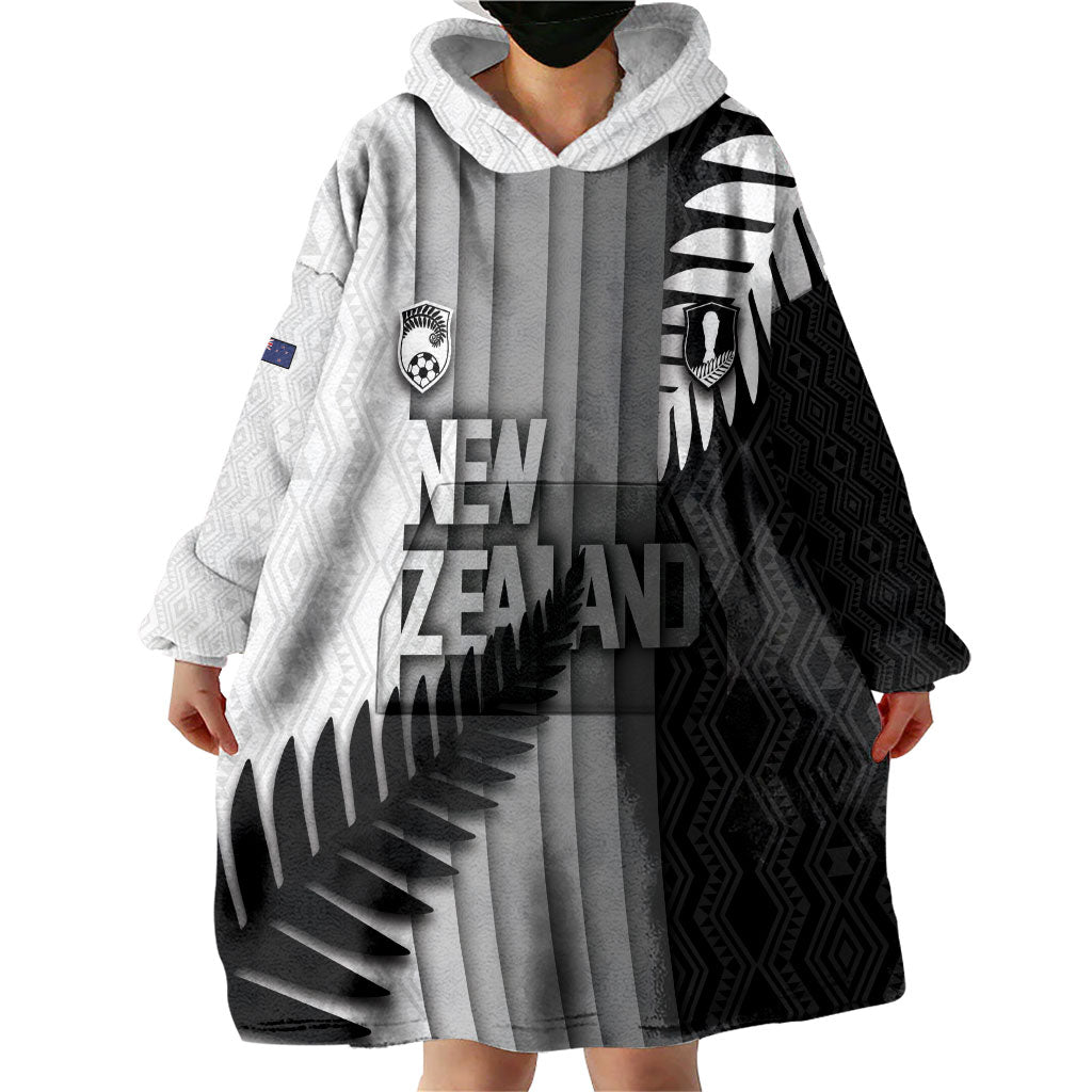 Custom New Zealand Football Wearable Blanket Hoodie Silver Fern Maori Pattern Monochrome