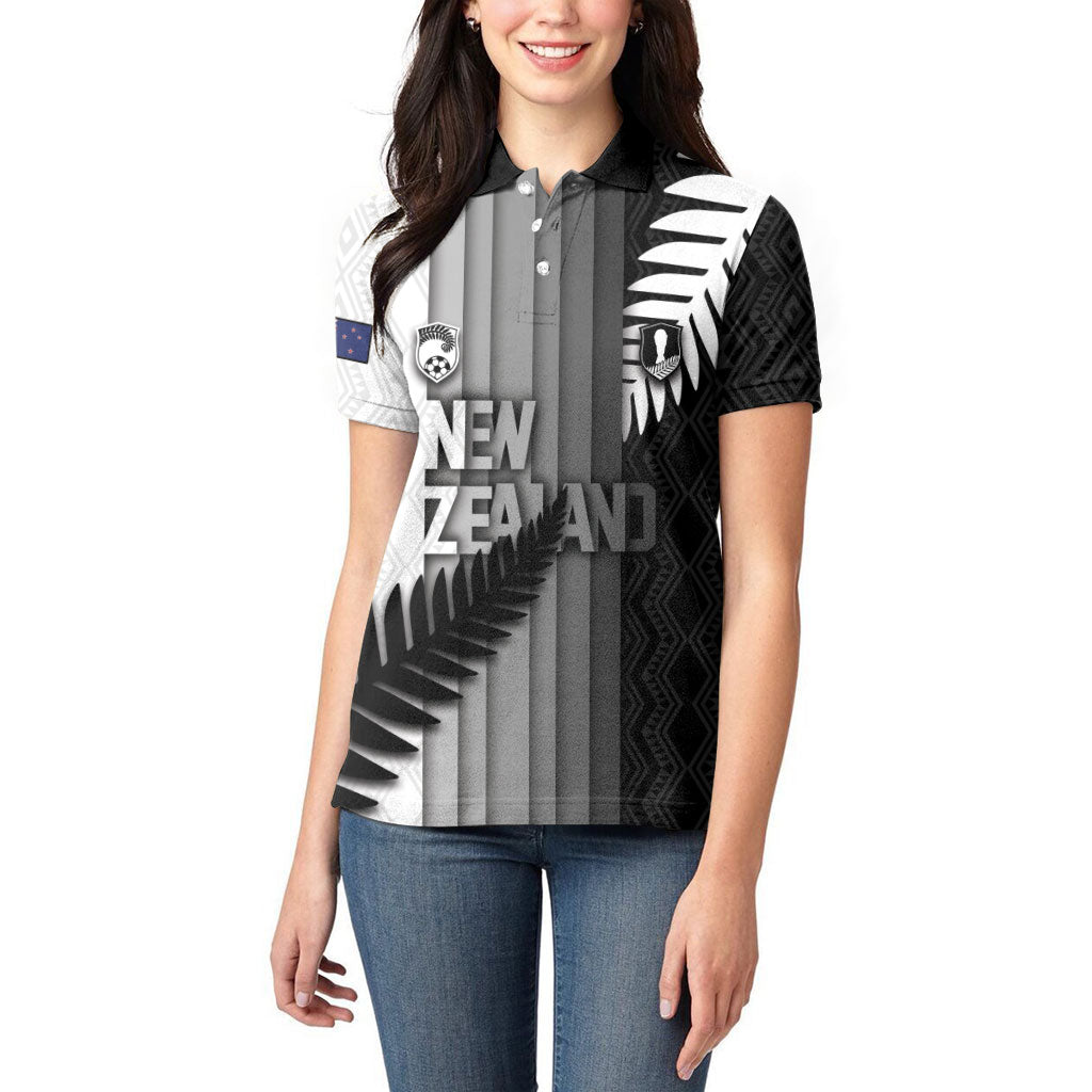 Custom New Zealand Football Women Polo Shirt Silver Fern Maori Pattern Monochrome DT05 - Polynesian Pride