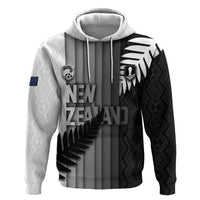 Custom New Zealand Football Zip Hoodie Silver Fern Maori Pattern Monochrome
