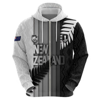 Custom New Zealand Football Zip Hoodie Silver Fern Maori Pattern Monochrome