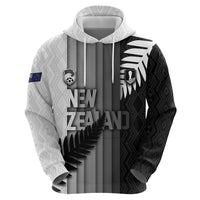 Custom New Zealand Football Zip Hoodie Silver Fern Maori Pattern Monochrome