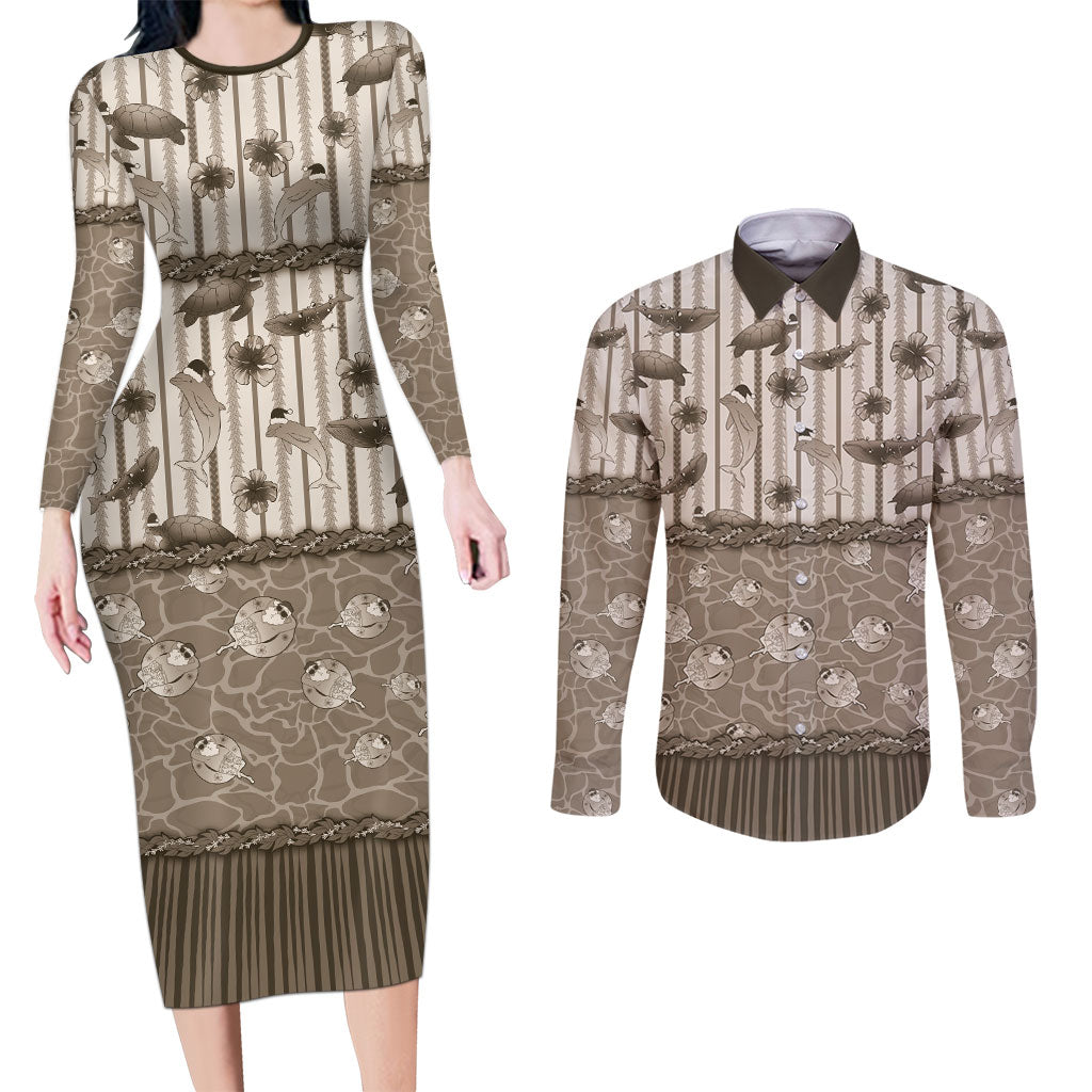 Hawaii Christmas In July Couples Matching Long Sleeve Bodycon Dress and Long Sleeve Button Shirt Beige Mele Kalikimaka Sea Animals DT05 Beige - Polynesian Pride