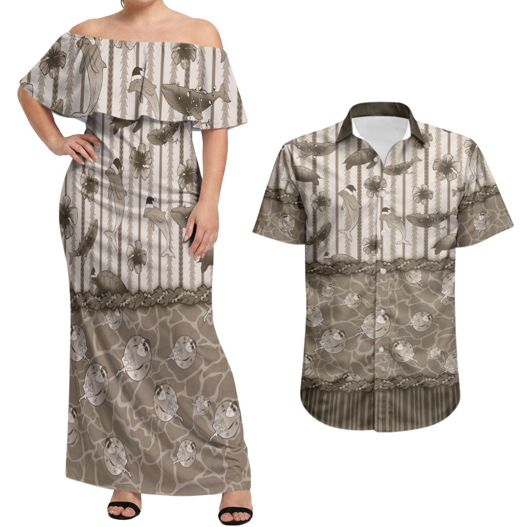 Hawaii Christmas In July Couples Matching Off Shoulder Maxi Dress and Hawaiian Shirt Beige Mele Kalikimaka Sea Animals DT05 Beige - Polynesian Pride