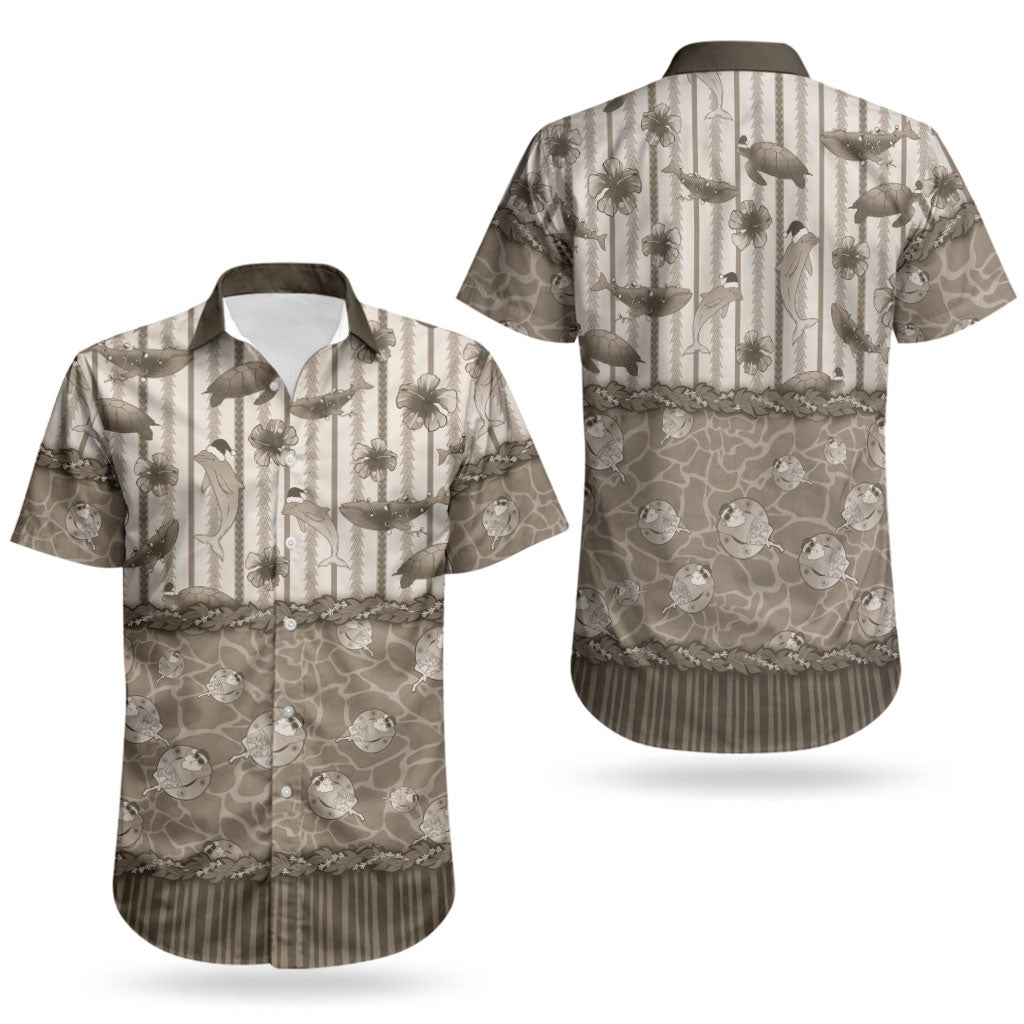 Hawaii Christmas In July Couples Matching Off Shoulder Short Dress and Hawaiian Shirt Beige Mele Kalikimaka Sea Animals DT05 - Polynesian Pride