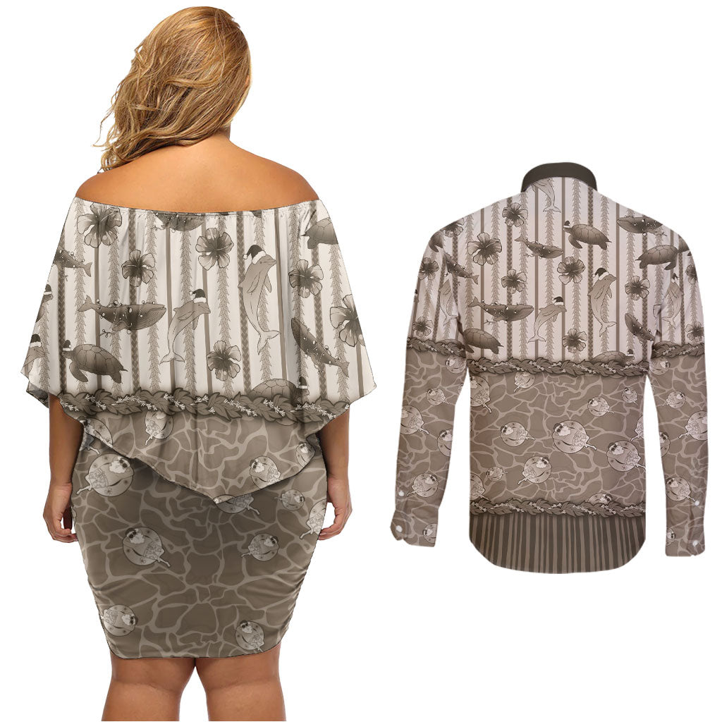 Hawaii Christmas In July Couples Matching Off Shoulder Short Dress and Long Sleeve Button Shirt Beige Mele Kalikimaka Sea Animals DT05 - Polynesian Pride