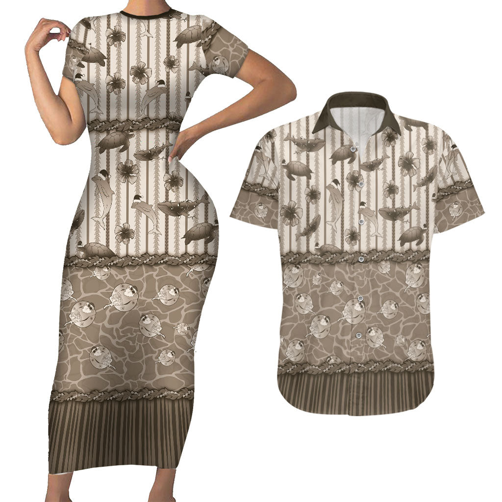 Hawaii Christmas In July Couples Matching Short Sleeve Bodycon Dress and Hawaiian Shirt Beige Mele Kalikimaka Sea Animals DT05 Beige - Polynesian Pride
