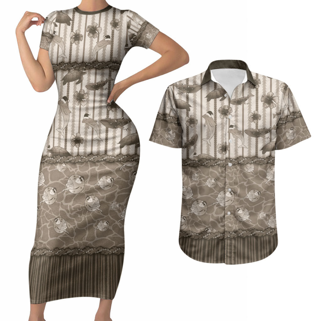 Hawaii Christmas In July Couples Matching Short Sleeve Bodycon Dress and Hawaiian Shirt Beige Mele Kalikimaka Sea Animals DT05 Beige - Polynesian Pride